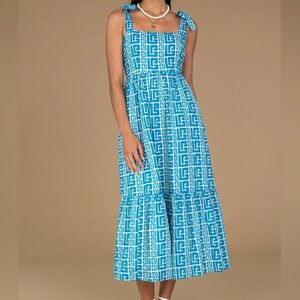 OLIVIA JAMES THE LABEL Doe Midi Dress Pockets Greek Keys Medium Smock‎ Back $275